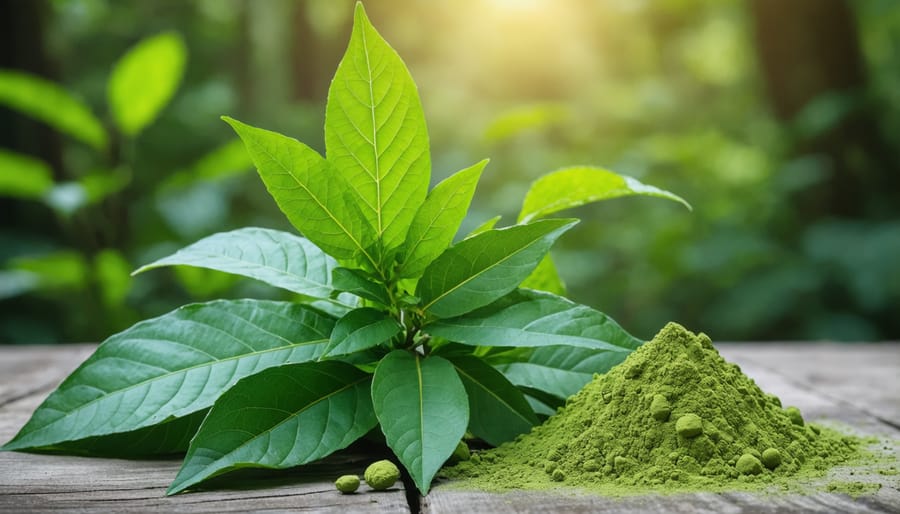 A realistic depiction of Kratom leaves and powdered extract showing the plant's natural form