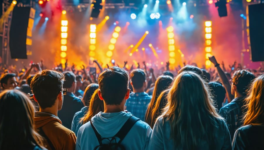 A large group of festival-goers dancing and enjoying the music under bright festival lights